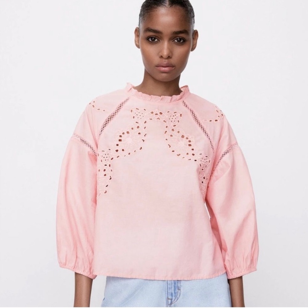 Zara Light Pink Eyelet Ruffle Mock Neck Blouse
